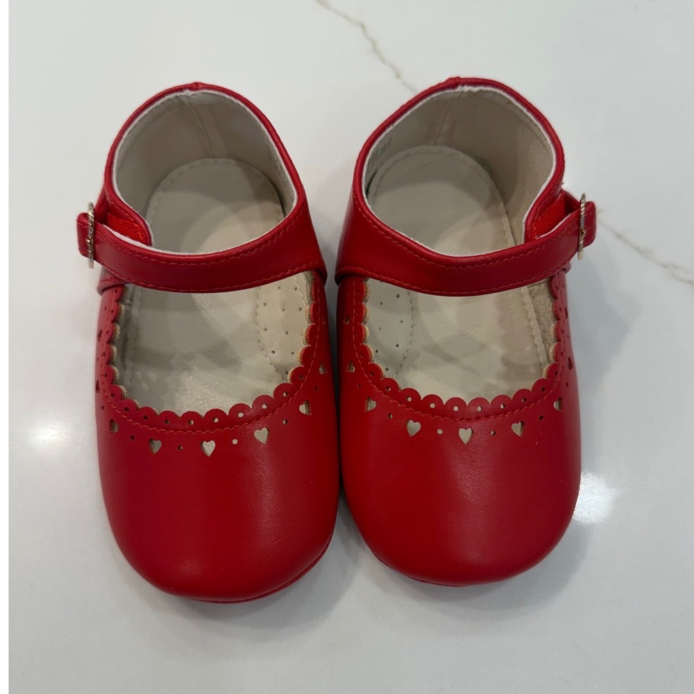 Red Toddler Girl Scalloped Heart Mary Jane Flats Shoes